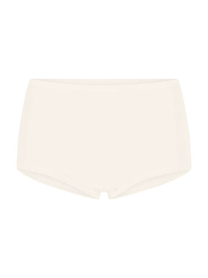 White high-waisted boyleg bikini bottom on a white background