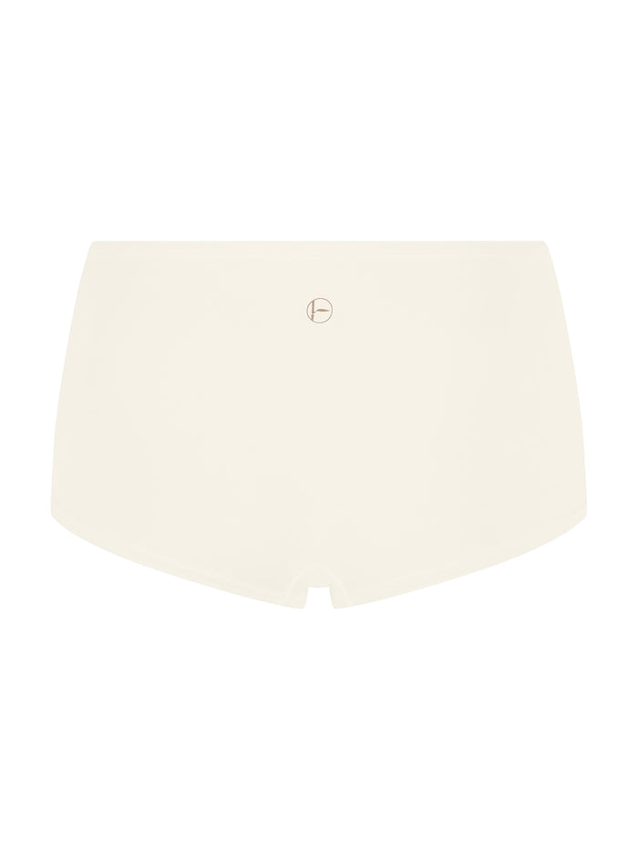 White high-waisted boyleg bikini bottom on a white background