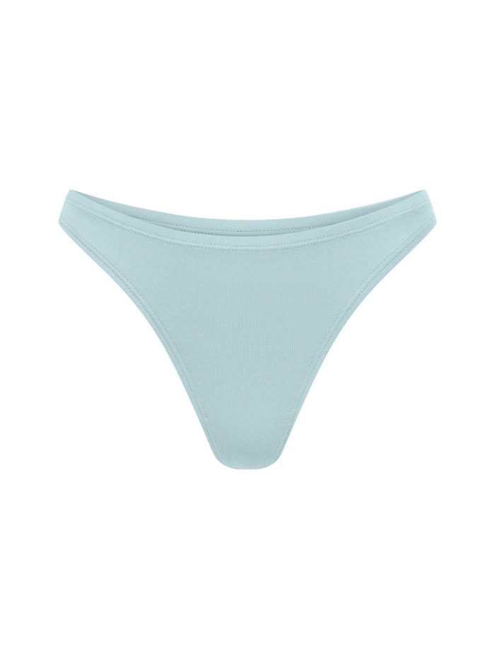 Light blue g-string bikini bottom on a white background