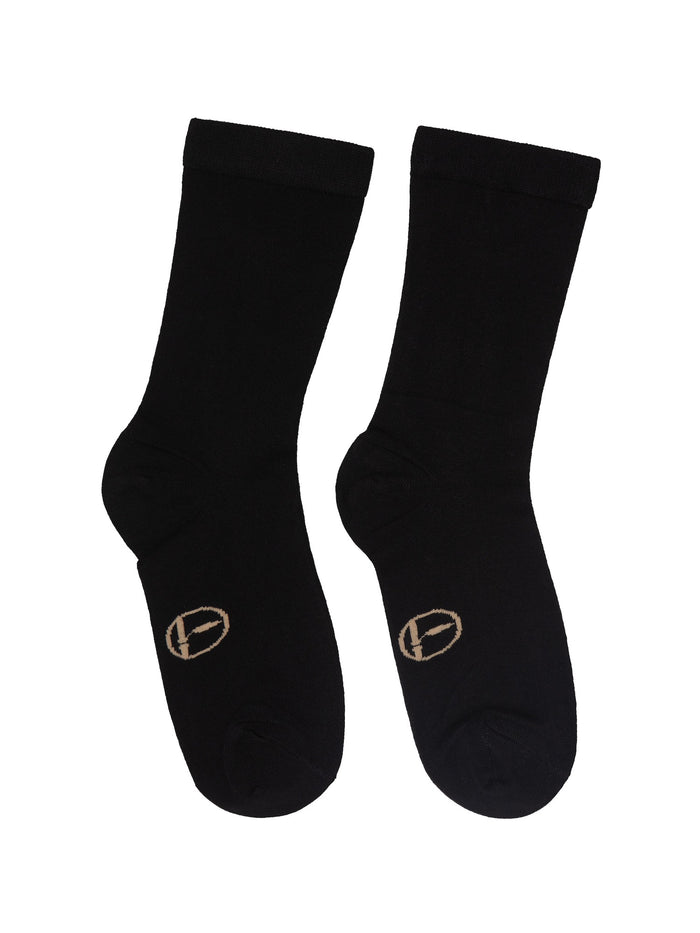Pair of black socks with a logo on a white background