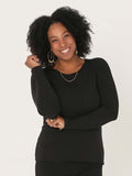 Model wearing a reversible black fitted body long sleeve t-shirt with crew and boat necklines, women's bamboo clothing