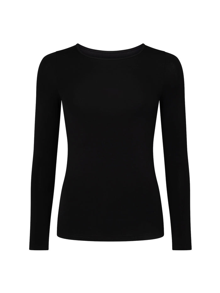 Black long-sleeve crew neck shirt on a white background