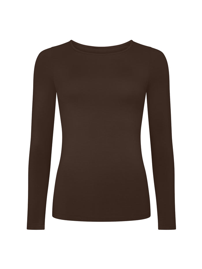 Cocoa brown long-sleeve crew neck shirt on a white background
