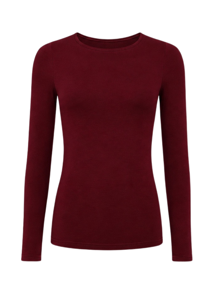 A long-sleeve crewneck top in deep burgundy, displayed on a clean white background.