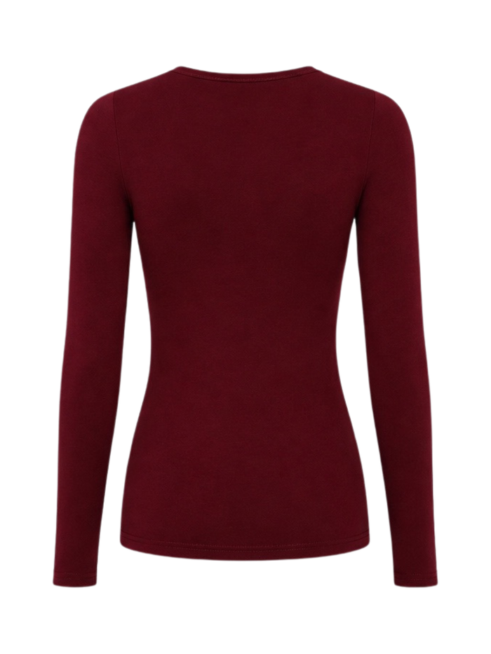 A long-sleeve crewneck top in a deep burgundy color, shown from the back on a plain white background.