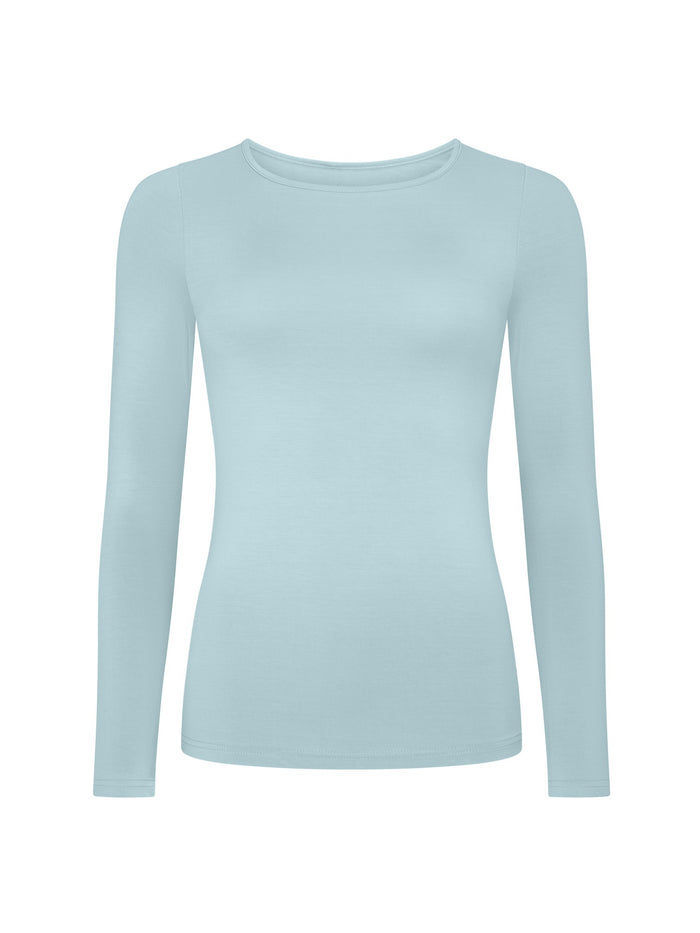 Light Topaz blue long-sleeve crew neck shirt on a white background