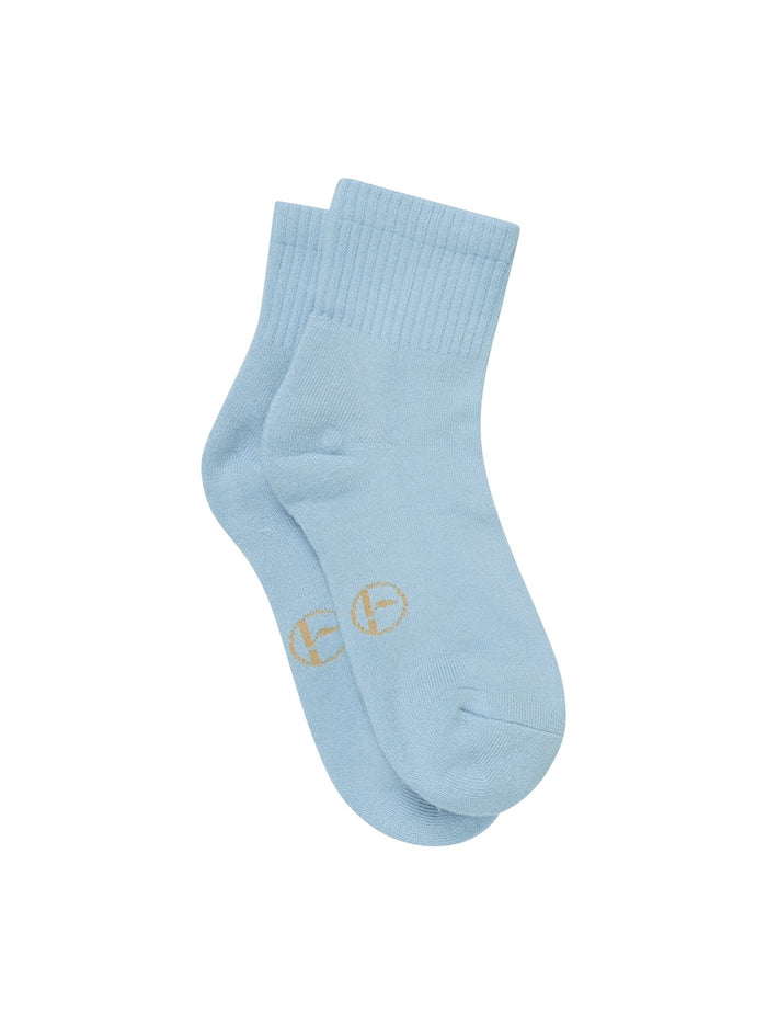Light blue socks with a logo on a white background
