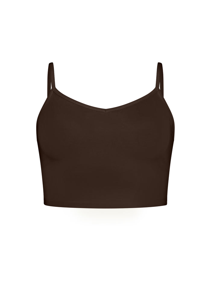 Cocoa brown crop layering singlet with camisole straps, v neckline, fitted body in crop length, women's bamboo clothing