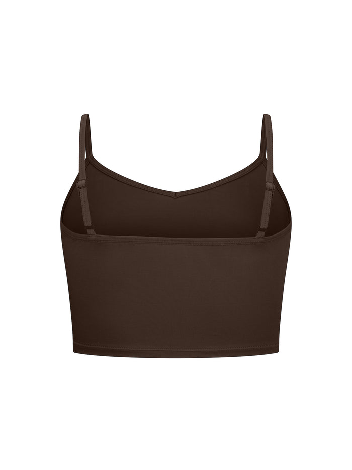 Cocoa brown crop layering singlet with camisole straps, v neckline, fitted body in crop length, women's bamboo clothing