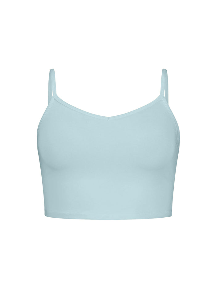 Light Topaz blue crop top with thin adjustable straps on a white background, women's bamboo clothing