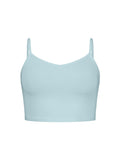 Light Topaz blue crop top with thin adjustable straps on a white background, women's bamboo clothing