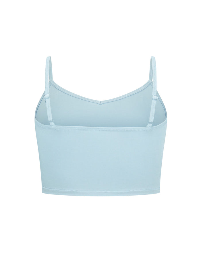 Light Topaz blue crop top with thin adjustable straps on a white background, women's bamboo clothing