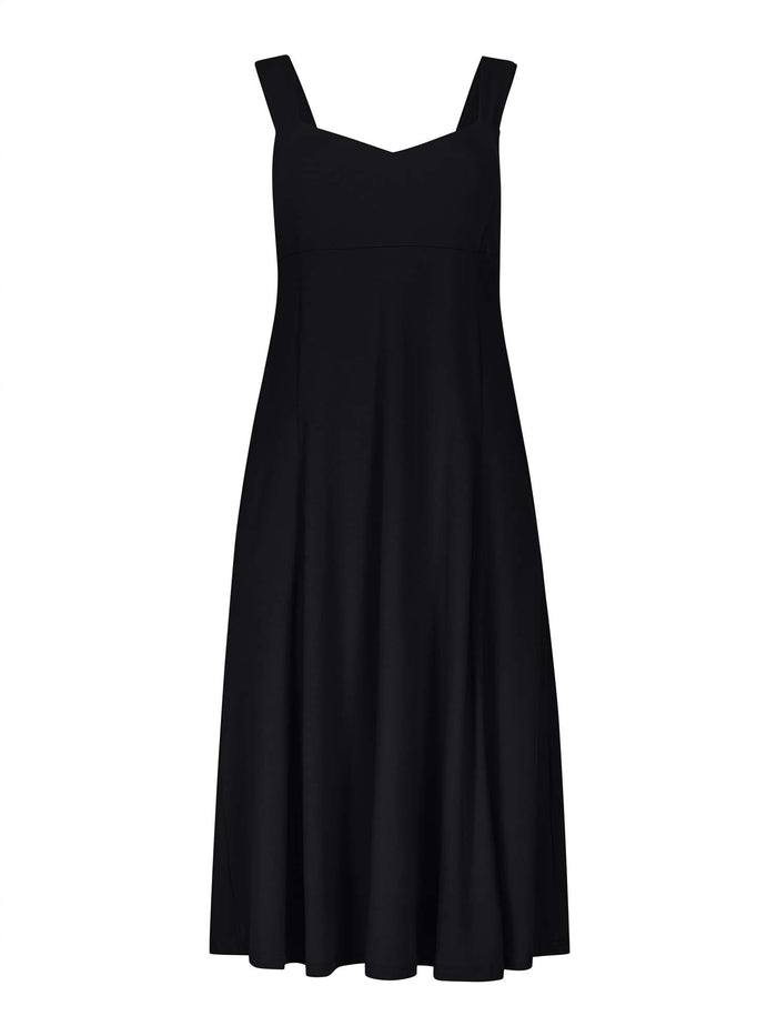 Model wearing a black mid length, sweetheart neckline swing style dress, women's bamboo clothing