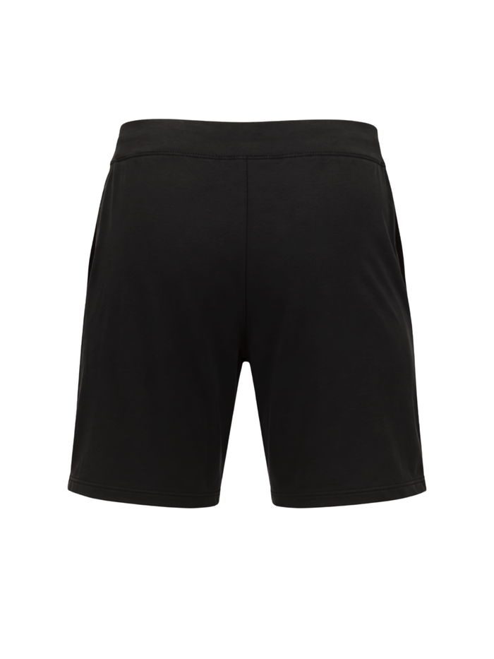 Black athletic shorts with a wide elastic waistband, shown from the back on a plain white background.