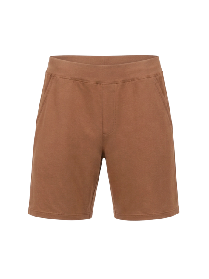 A pair of casual brown shorts with a wide elastic waistband, displayed on a clean white background.