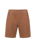 A pair of casual brown shorts with a wide elastic waistband, displayed on a clean white background.
