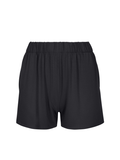 Black elastic waist bamboo shorts on a white background