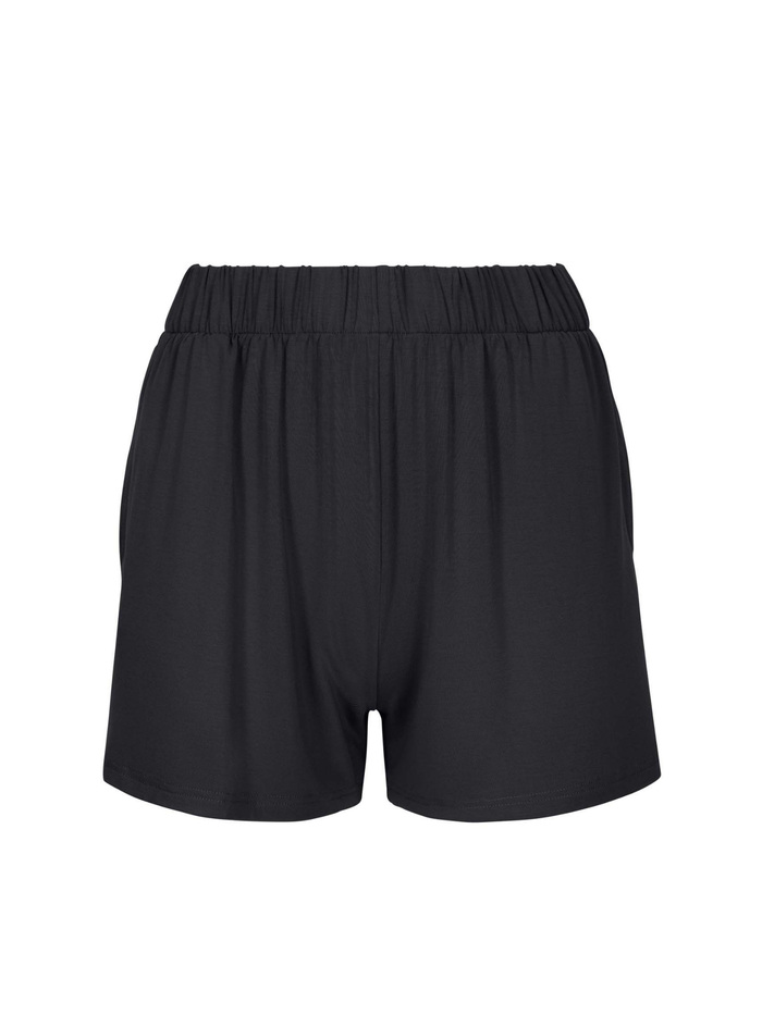Black elastic waist bamboo shorts on a white background