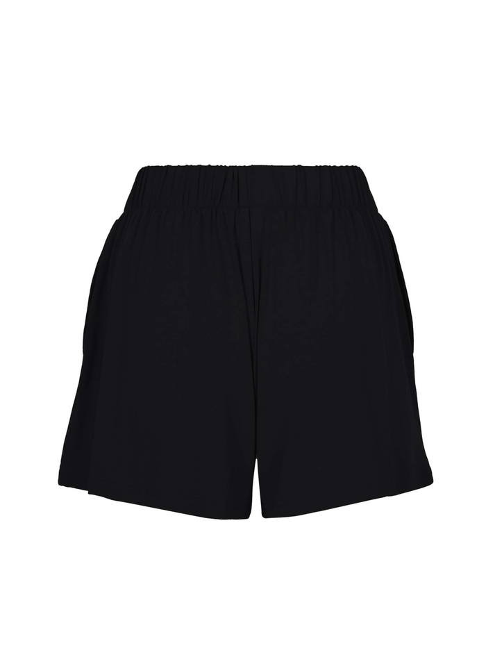 Black elastic waist bamboo shorts on a white background