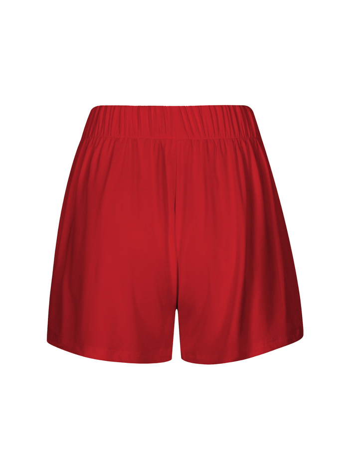 chilli red elastic waist bamboo shorts on a white background