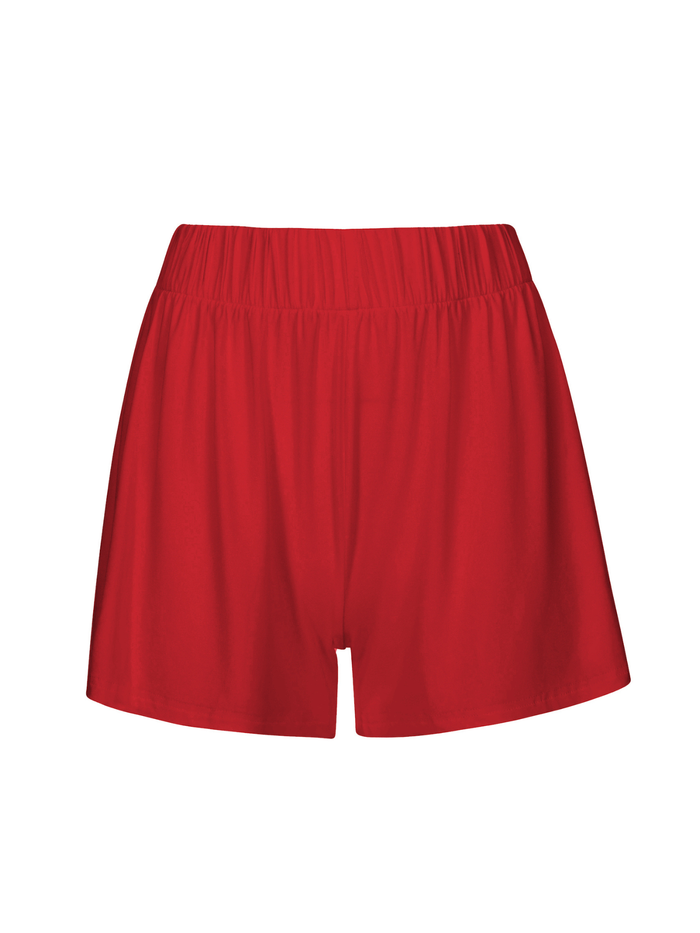 chilli red elastic waist bamboo shorts on a white background