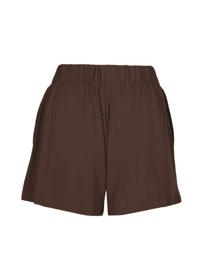 Cocoa brown elastic waist bamboo shorts on a white background
