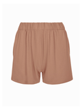 Tan toffee brown elastic waist shorts on a white background