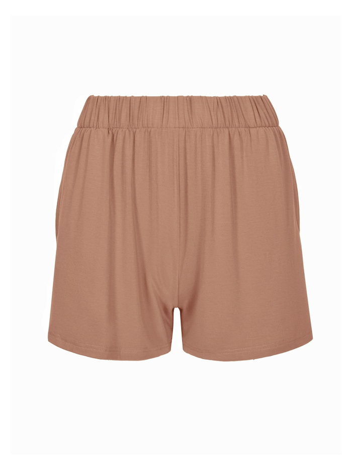 Tan toffee brown elastic waist shorts on a white background