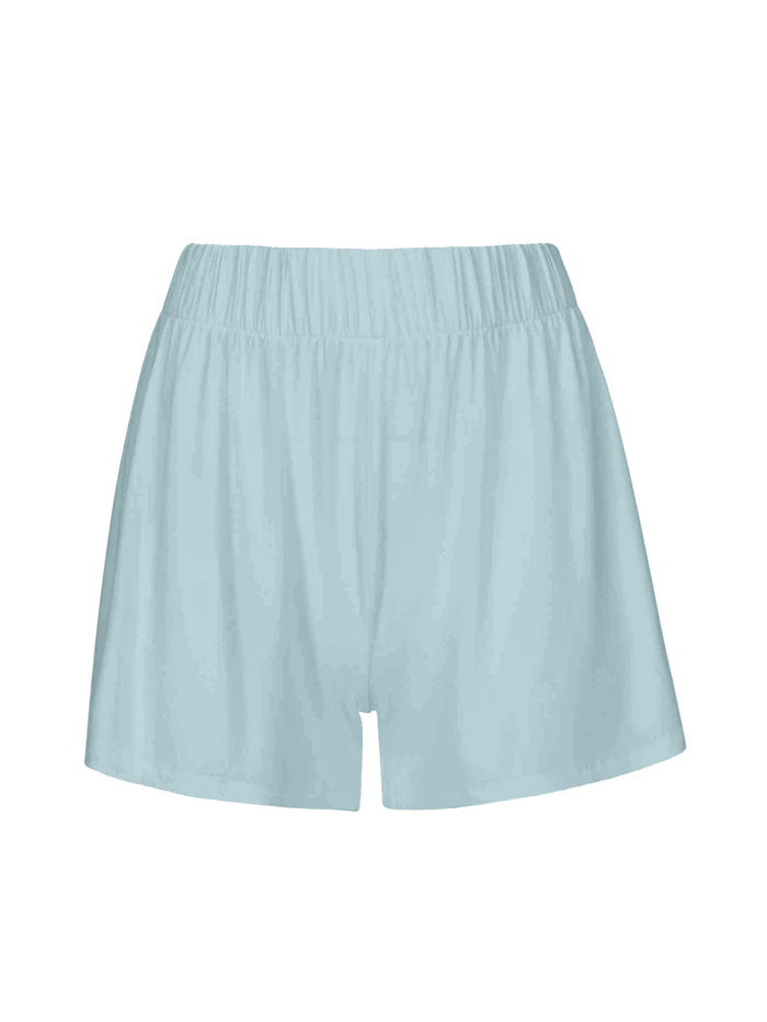 Light blue elastic waist shorts on a white background