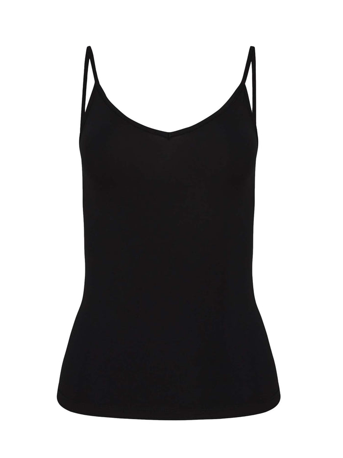 Model wearing a black layering singlet with camisole straps, v neckline and fitted body, women's bamboo clothing