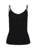 Model wearing a black layering singlet with camisole straps, v neckline and fitted body, women's bamboo clothing