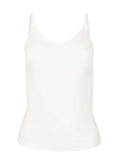 Model wearing a cream layering singlet with camisole straps, v neckline and fitted body, women's bamboo clothing