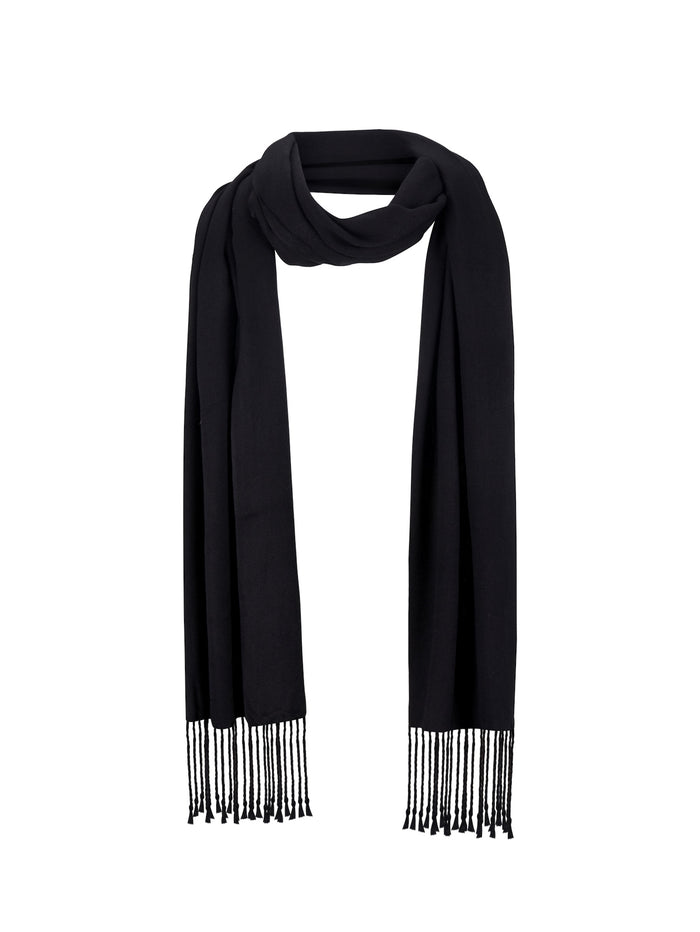 Black scarf with fringe details on a white background