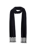 Black scarf with fringe details on a white background