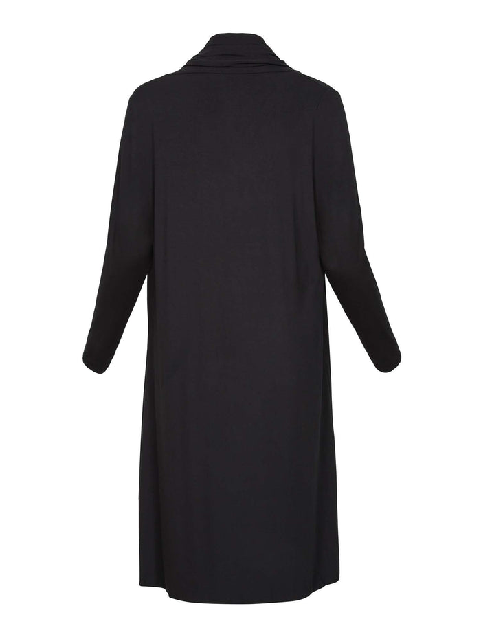 Model wearing black long cardigan, below knee length jacket with long fitted sleeves, women's bamboo clothing