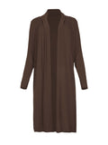Model wearing cocoa brown long cardigan, below knee length jacket with long fitted sleeves, women's bamboo clothing