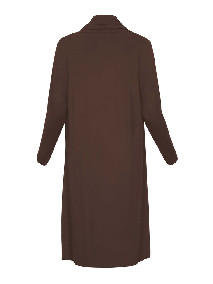 Model wearing cocoa brown long cardigan, below knee length jacket with long fitted sleeves, women's bamboo clothing