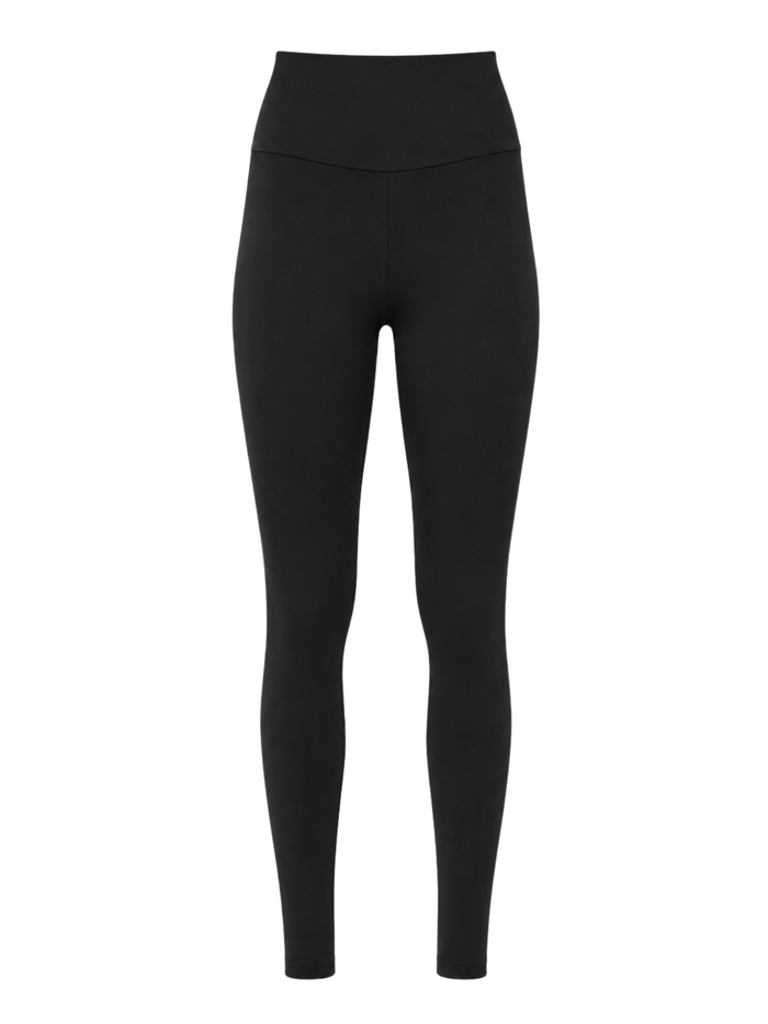 Black high-waisted long ankle length leggings  shown on a plain white background.