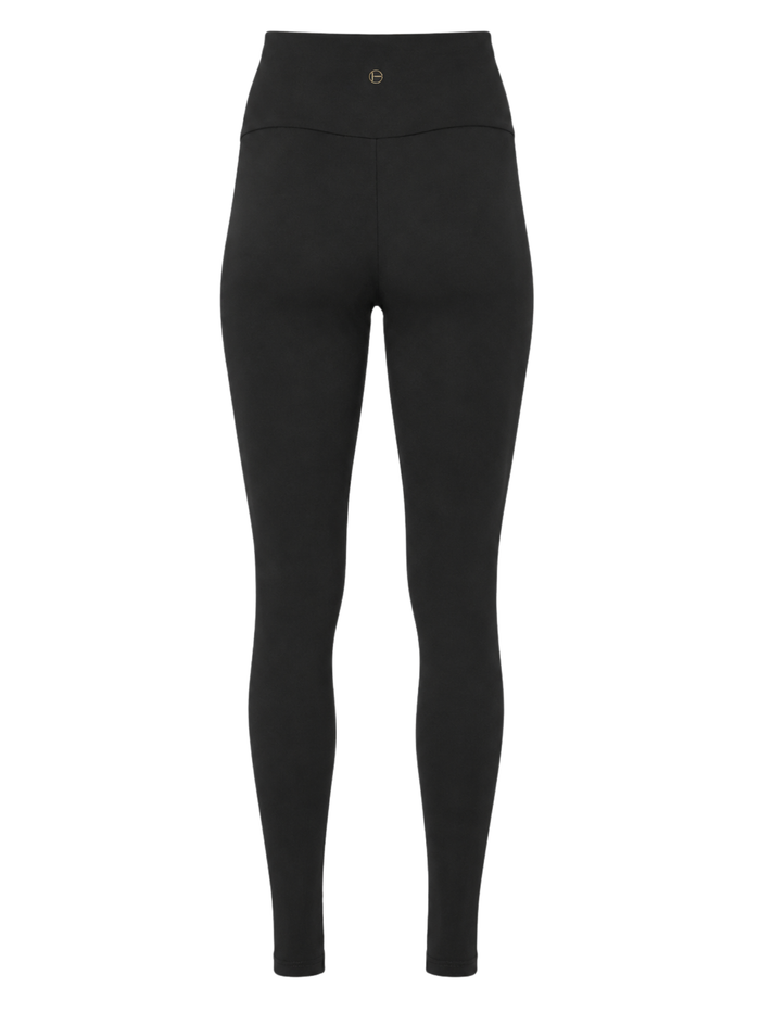 Black high-waisted long ankle length leggings with a small logo at the centre of the waistband, shown on a plain white background.