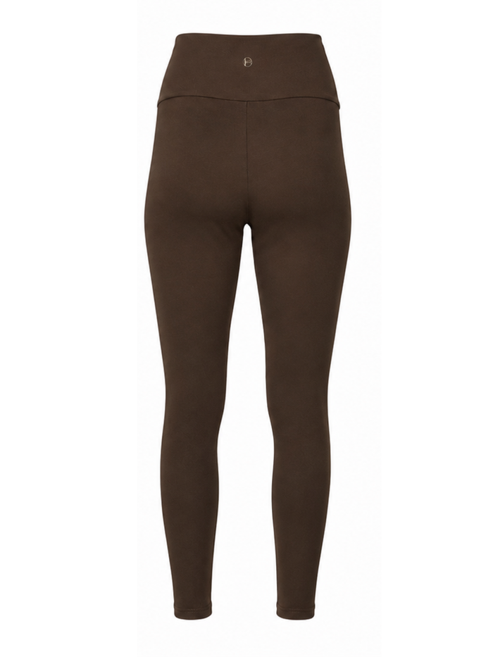 A pair of high-waisted, full-length leggings in a solid dark brown color, shown on a clean white background.