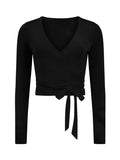 black long sleeve ballet wrap cardigan with cross over plunge neckline and tie detail, women's bamboo clothing