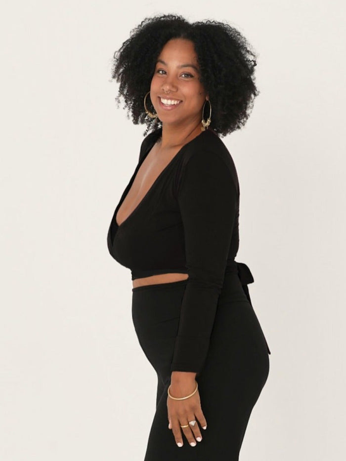 black long sleeve ballet wrap cardigan with cross over plunge neckline, women's bamboo clothing
