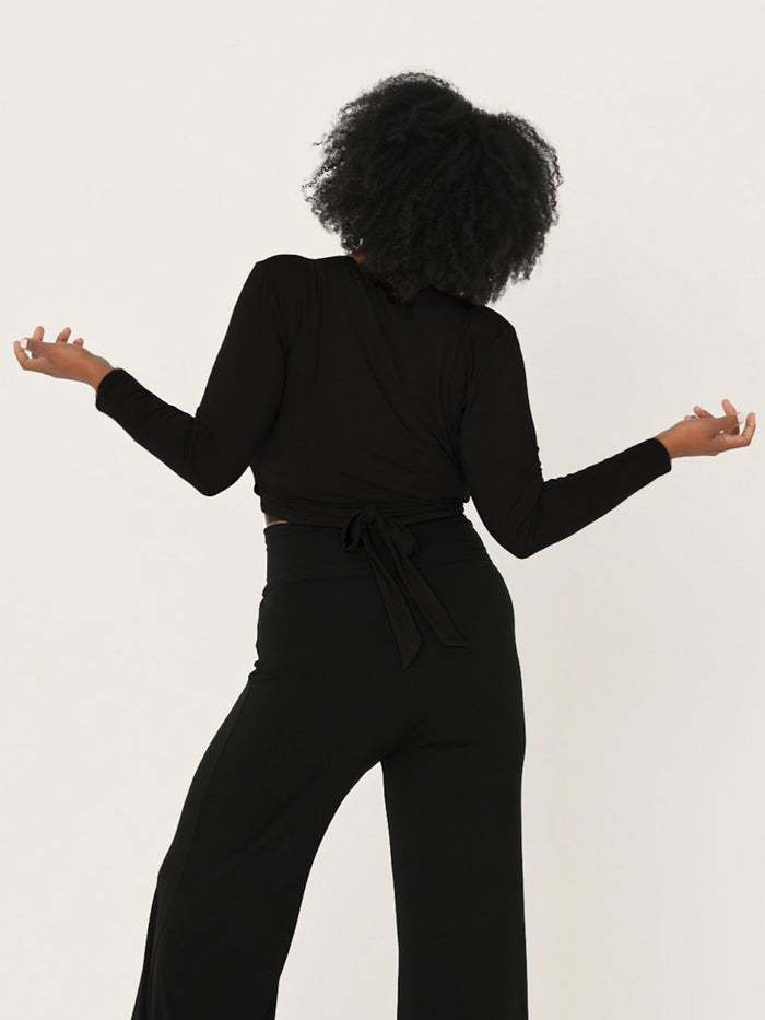 black long sleeve ballet wrap cardigan with cross over plunge neckline, women's bamboo clothing