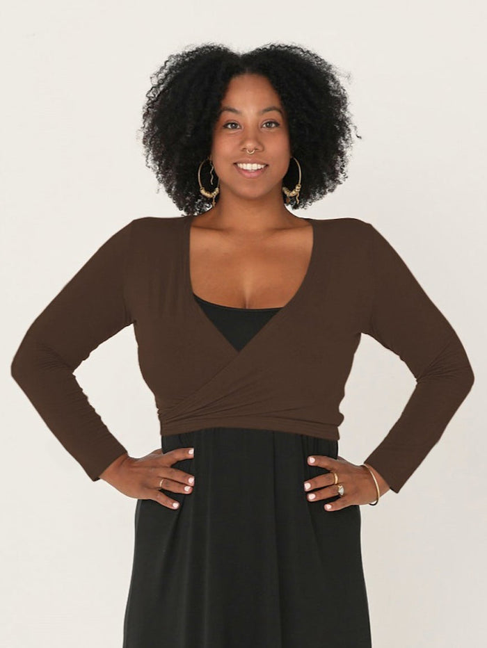 cocoa brown long sleeve ballet wrap cardigan with cross over plunge neckline, women's bamboo clothing