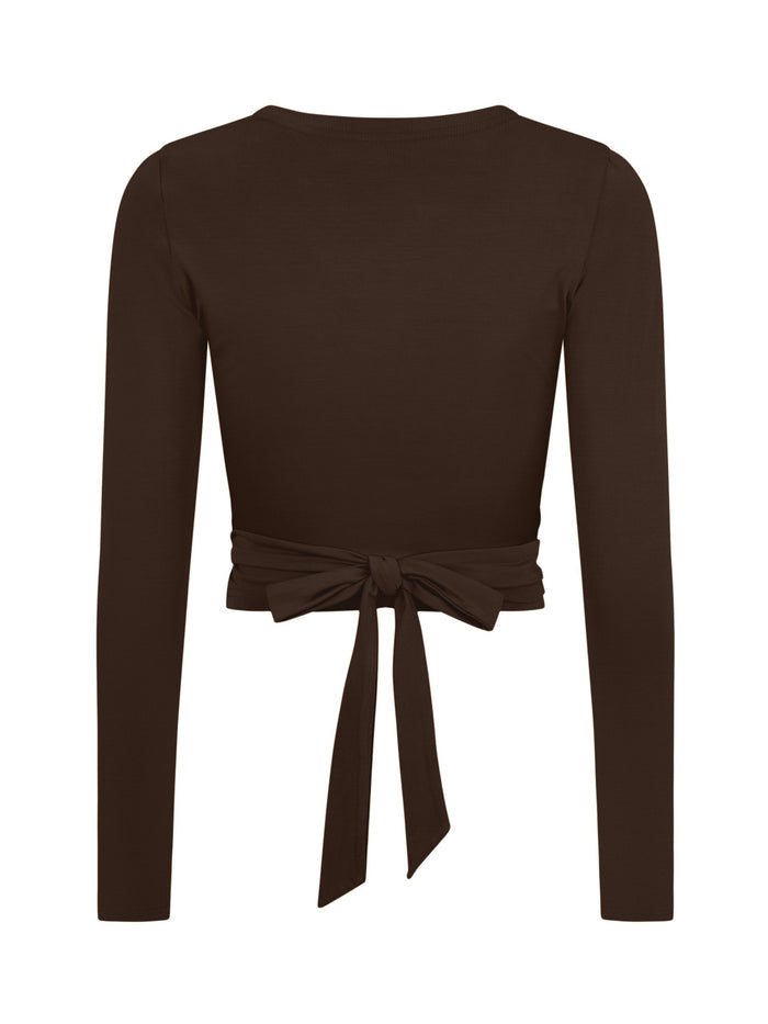 cocoa brown long sleeve ballet wrap cardigan with cross over plunge neckline and tie feature at back.women's bamboo clothing
