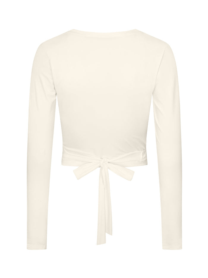 Bamboo cream wrap cardigan top with a tie detail on a white background