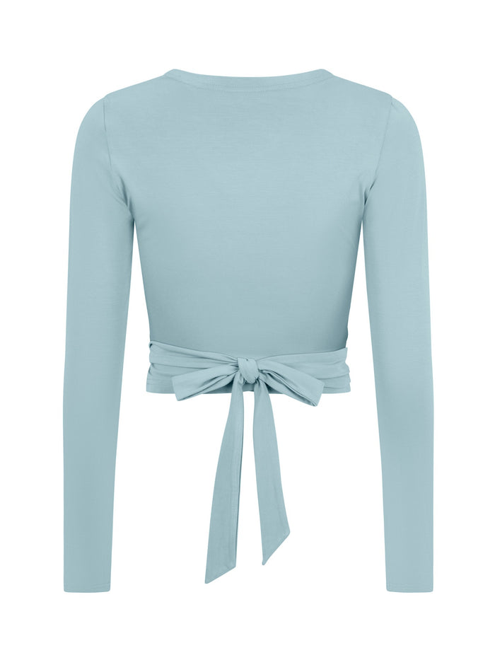 Bamboo light blue long-sleeve ballet wrap top with a tie detail on a white background