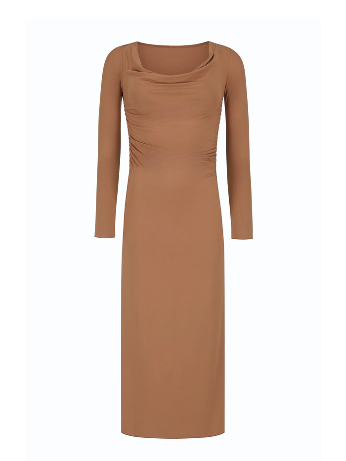 Bamboo Long Sleeve Cowl Neck Maxi Dress - Toffee
