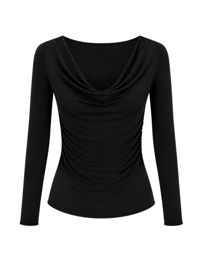 Bamboo Long Sleeve Cowl Neck Top - Black