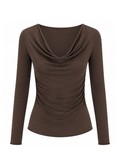 Bamboo Long Sleeve Cowl Neck Top- Cocoa